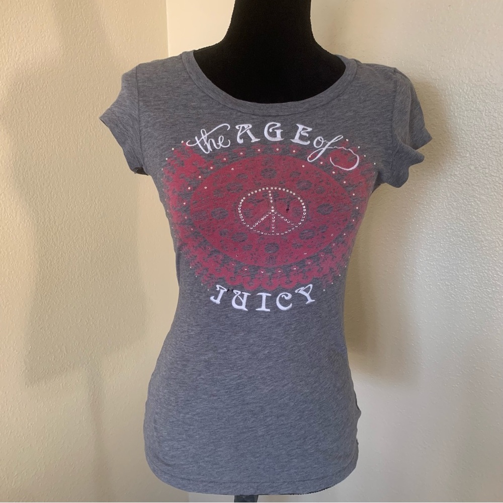 Vintage Juicy Couture Gray Tee with Pink Peace Design